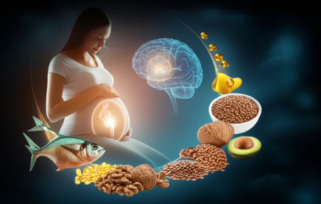 Pregnant woman with protective shield and omega-3 foods, symbolizing healthy prenatal nutrition and protection from infections.