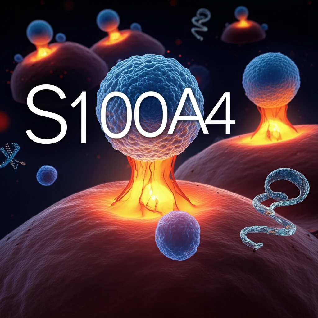 Illustration of mast cells with S100A4 protein symbol.