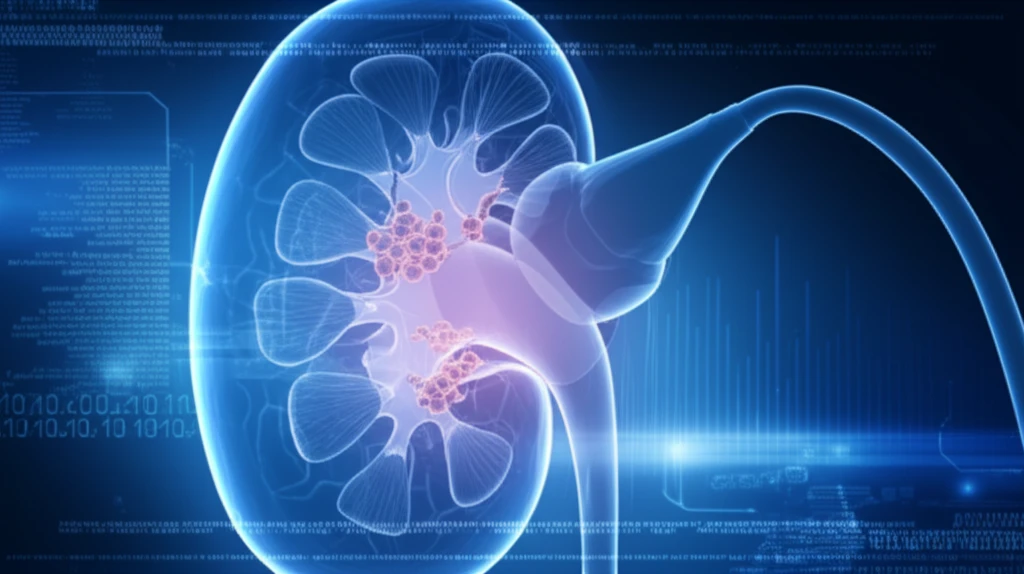 Ultrasound scan of a kidney with glowing cancer cells.