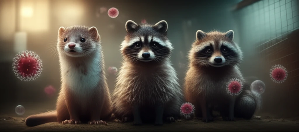 Mink, fox, and raccoon dog showing signs of illness, representing the spread of Mink Circovirus in fur farms.