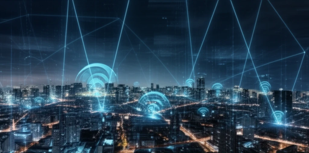 Futuristic cityscape monitored by a mobile radiation sensor network.