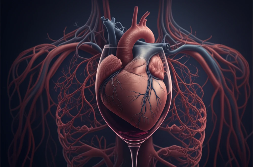 Heart intertwined with wine glass, symbolizing alcohol and cardiovascular health.