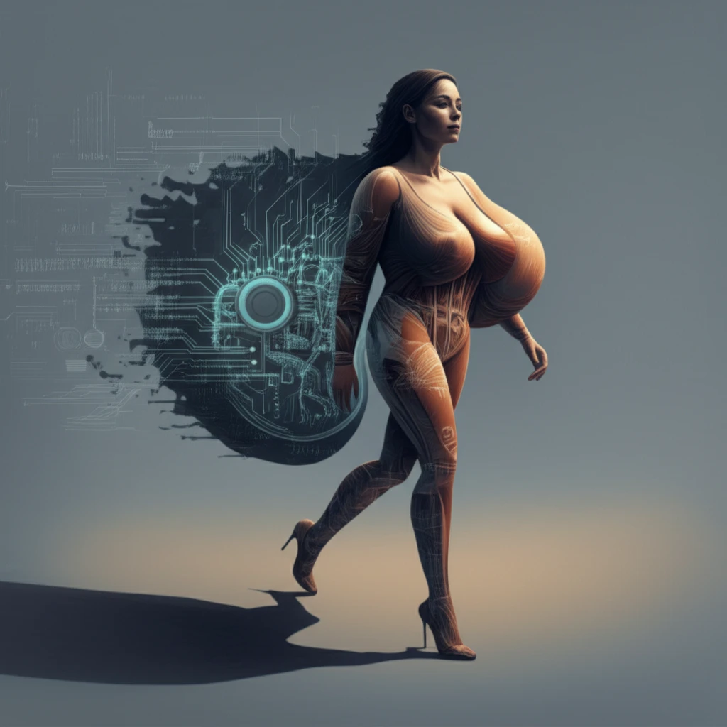 Surreal illustration of a woman's gait, showing the impact of breast size on biomechanics.