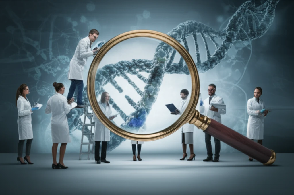 Collaborative peer review process in global health science, symbolized by scientists examining DNA.