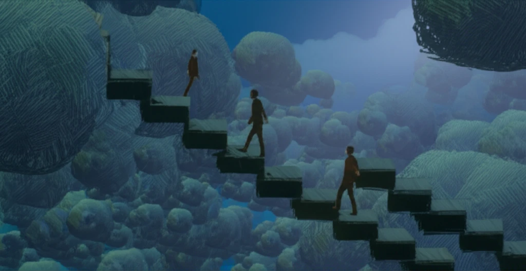 Symbolic representation of COPD patient climbing stairs at different paces.