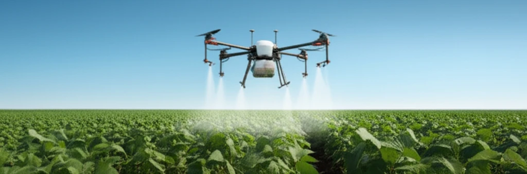 Drone spraying herbicide over a lush bean field.
