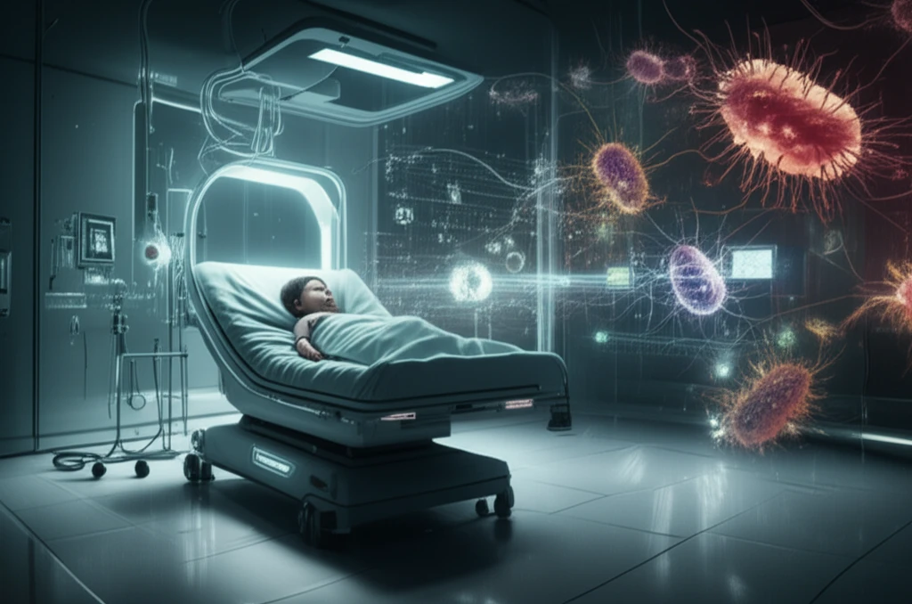 Child in futuristic hospital bed surrounded by glowing microbes and medical data streams.