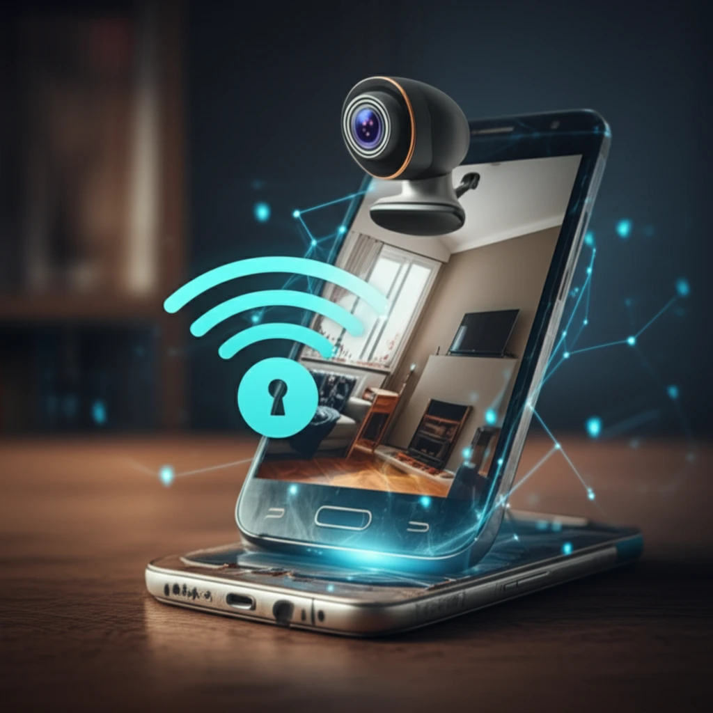 Android phone displaying a live webcam feed of a living room