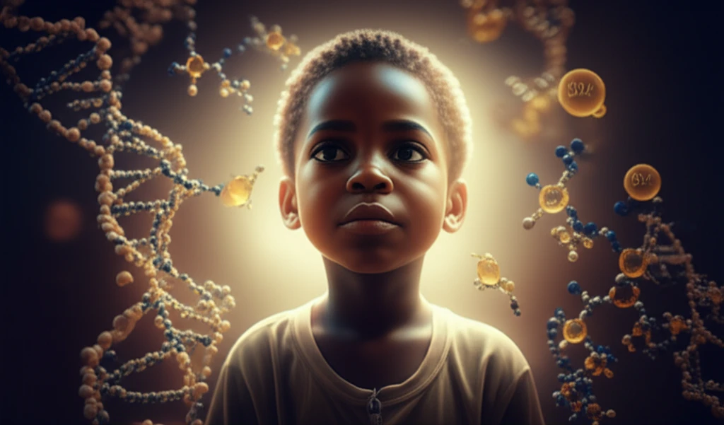 A child in Sub-Saharan Africa surrounded by DNA and riboflavin molecules.