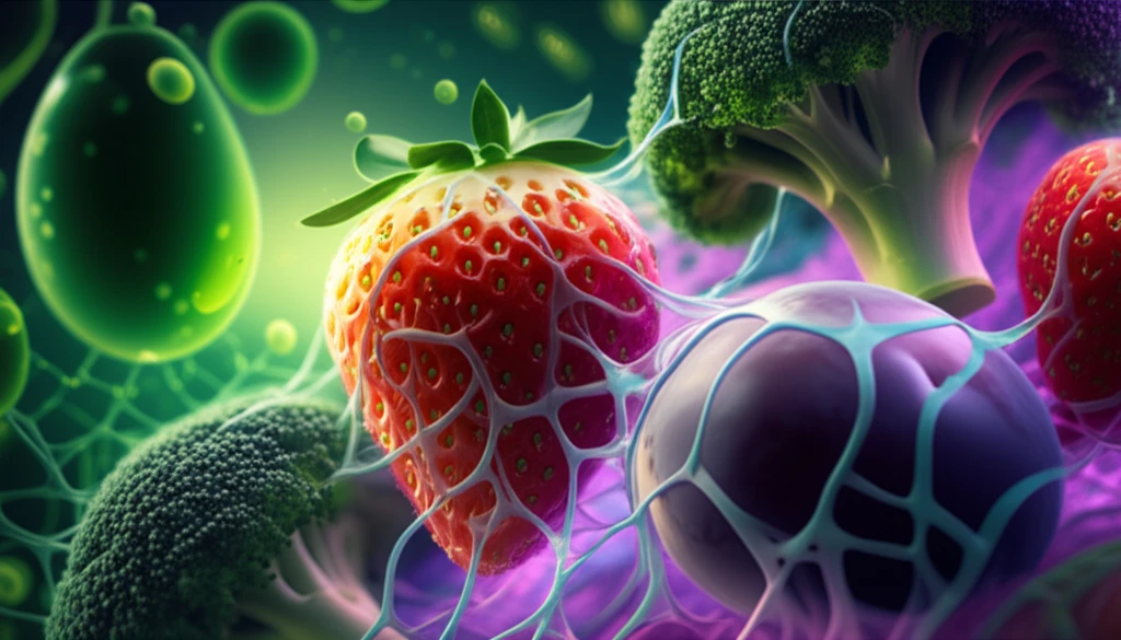 Microscopic nanofiber strands protect fresh produce with vibrant microalgae in the background.