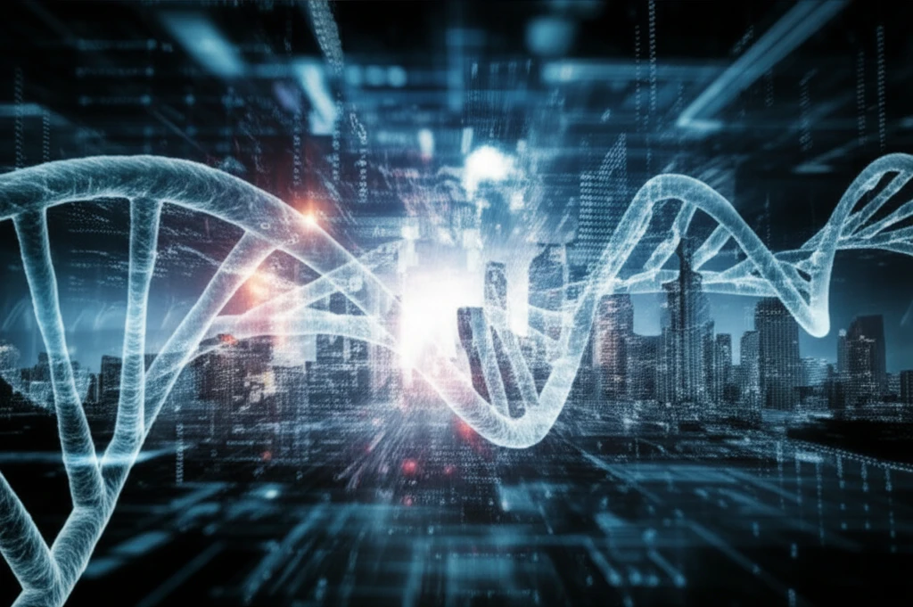 DNA strands intertwining with a cityscape, symbolizing the integration of genomics and public health.