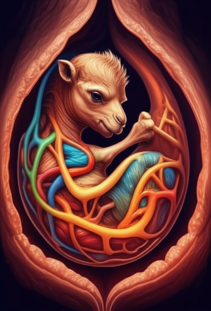 Surreal illustration of camel fetus colon development