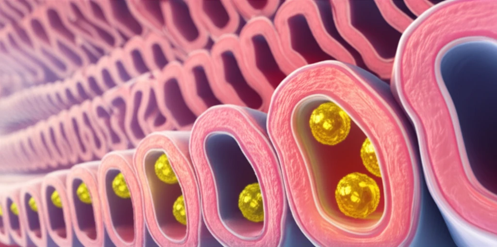 Illustration of intestinal villi absorbing fat molecules via lymphatic vessels, emphasizing VEGFR-3's role.