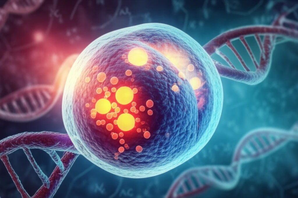 Illustration of a prostate cell with glowing Caveolin-1 proteins.
