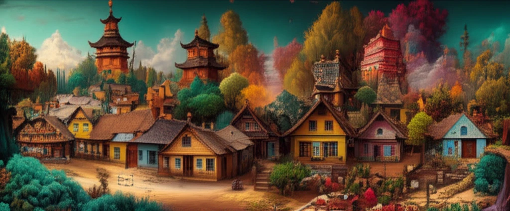 A vibrant Serbian village blending traditional elements with diverse global influences.
