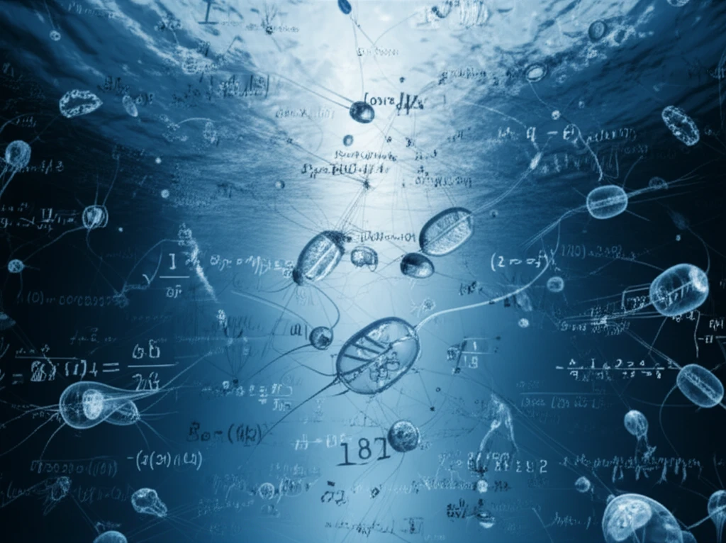 Illustration of interconnected plankton with data overlays.
