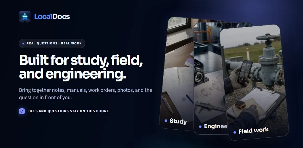 Landscape banner bringing together notebooks, manuals, work orders and photos beside a phone screen with a question typed in, representing study, field and engineering material made searchable together