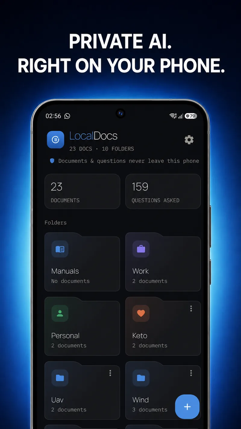 LocalDocs home screen showing 23 documents across 10 folders, with a reminder that documents and questions never leave the phone