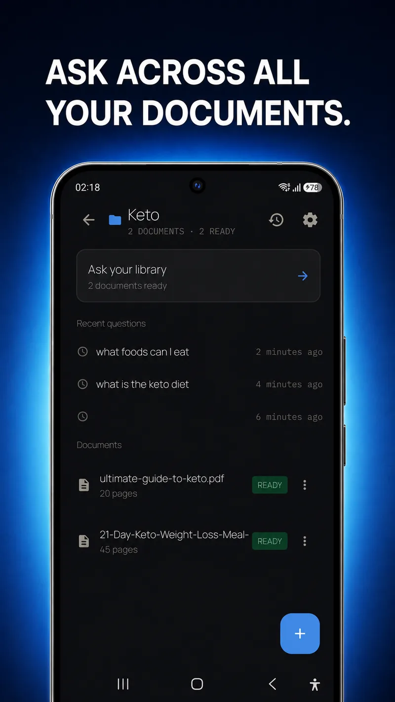 Screenshot of a person asking a question and the app reading across every document in a folder to produce a cited answer