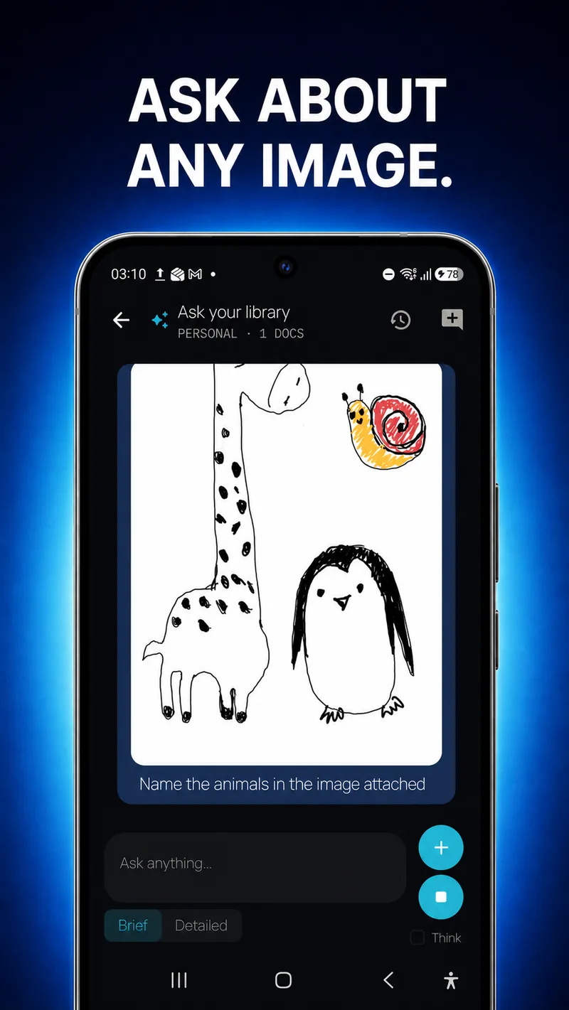 Screenshot of LocalDocs answering the question 'Name the animals in the image attached' about a hand-drawn sketch of a giraffe and a penguin