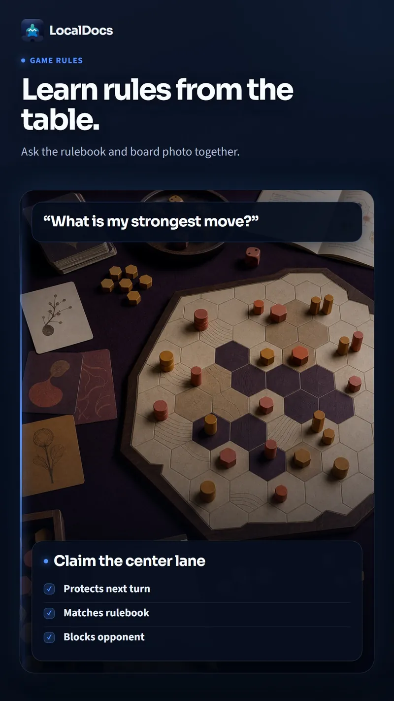 Lifestyle photo captioned 'Look up rules and lore across your game manuals'