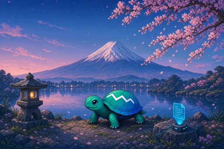The LocalDocs turtle beside a glowing document hologram, on a lakeside under cherry blossom