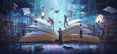 Collaborative construction of educational research illustrated with diverse people building a large, ornate book.