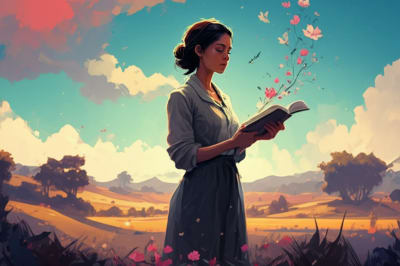 Empowered woman holding a book, with flowers blooming from its pages.
