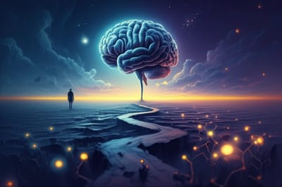 Surreal illustration of metabolic pathways affecting mental health during Hepatitis C treatment.