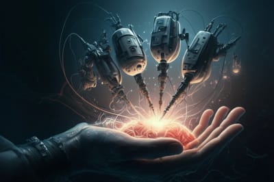 Hand-held surgical robot performing delicate surgery.