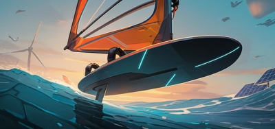 Futuristic windsurfing board made of composite materials gliding across the ocean.