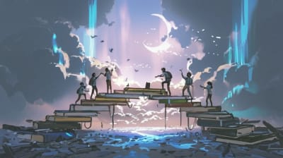 A surreal image depicting a teacher and students collaboratively constructing a bridge out of books, symbolizing the building of knowledge and understanding.