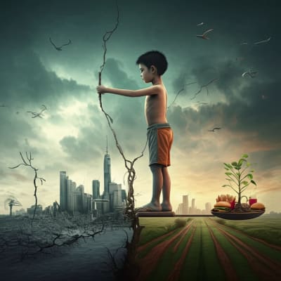 A surreal illustration symbolizing the balance between overnutrition and undernutrition in children.