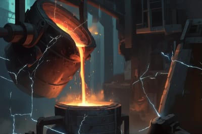 Molten metal being poured into a mold with electric currents.