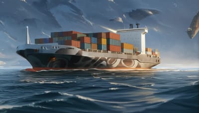 Futuristic container ship with air-trapping hull gliding effortlessly across the sea.