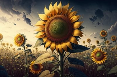 Sunflower field with biofuel emerging, symbolizing sustainable energy.