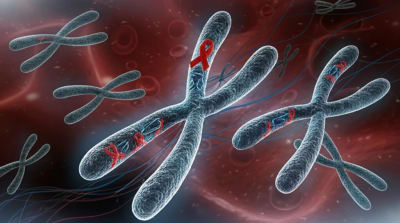 Chromosomes entangled with DNA ribbons, representing genetic rearrangements in blood cancer.