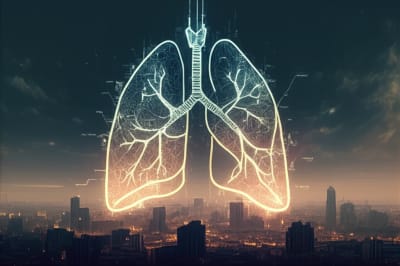 Digital illustration of lungs overlaid with glowing predictive algorithms.