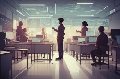 Futuristic classroom with diverse students collaborating on holographic displays.