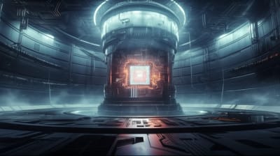 A futuristic quantum computing chip submerged in liquid nitrogen.