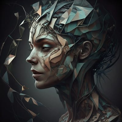 Surreal image of a face transforming into a geometric shape, symbolizing creativity and cognitive enhancement.