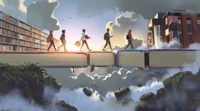 A bridge of books connects a library and a faculty building, symbolizing librarian-faculty collaboration.