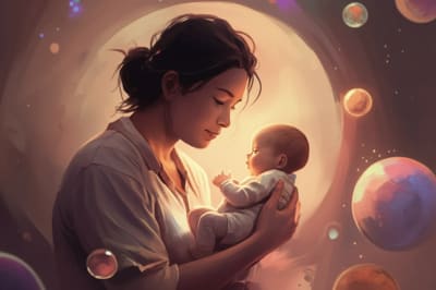 Parent holding baby with glowing orbs symbolizing emotional regulation.