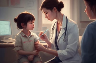 A mother comforts her child during vaccination in a calming doctor's office.