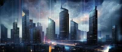 Futuristic city constructed from shimmering metamaterials, radiating energy.