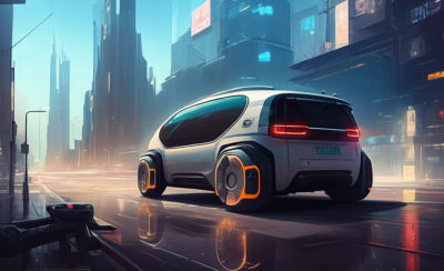 Futuristic cityscape featuring the ROboMObil, highlighting its maneuverability.