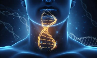 Glowing RNA strands intertwined in a human throat, representing the circRNA network in cancer research.