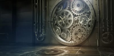 Gears turning inside a bank vault, representing monetary policy and financial institutions.