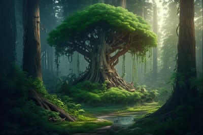 A surreal image of a forest emerging from smokestacks, representing sustainable industry.