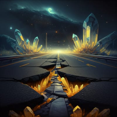 Cracked asphalt transforming into a smooth highway with digital overlays.